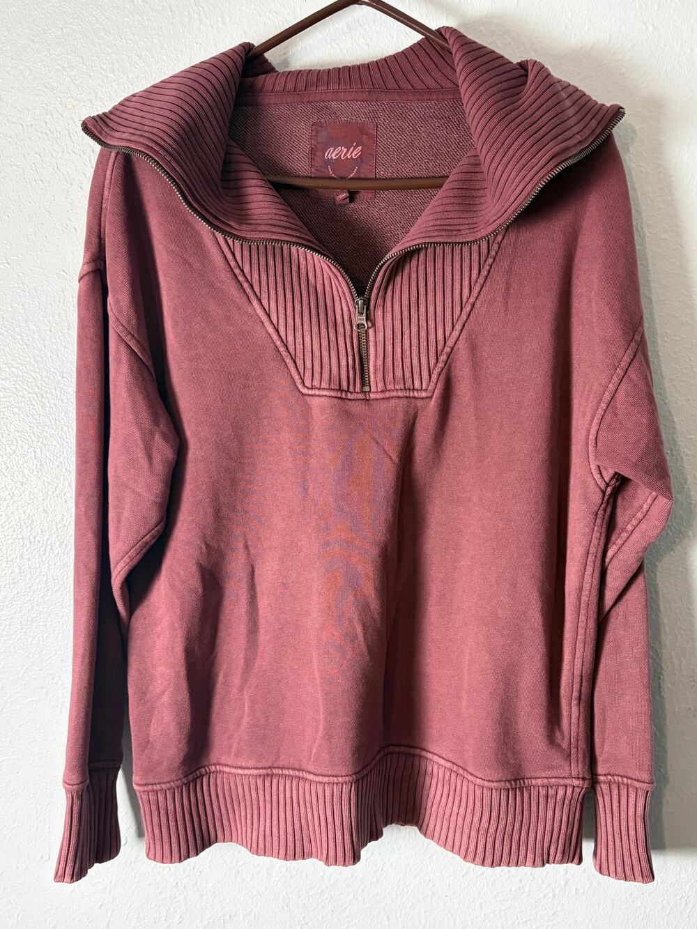 Aerie Cozy Oversized Quarter Zip Sweatshirt Mauve Ribbed Collar Lounge XS/S FLAW